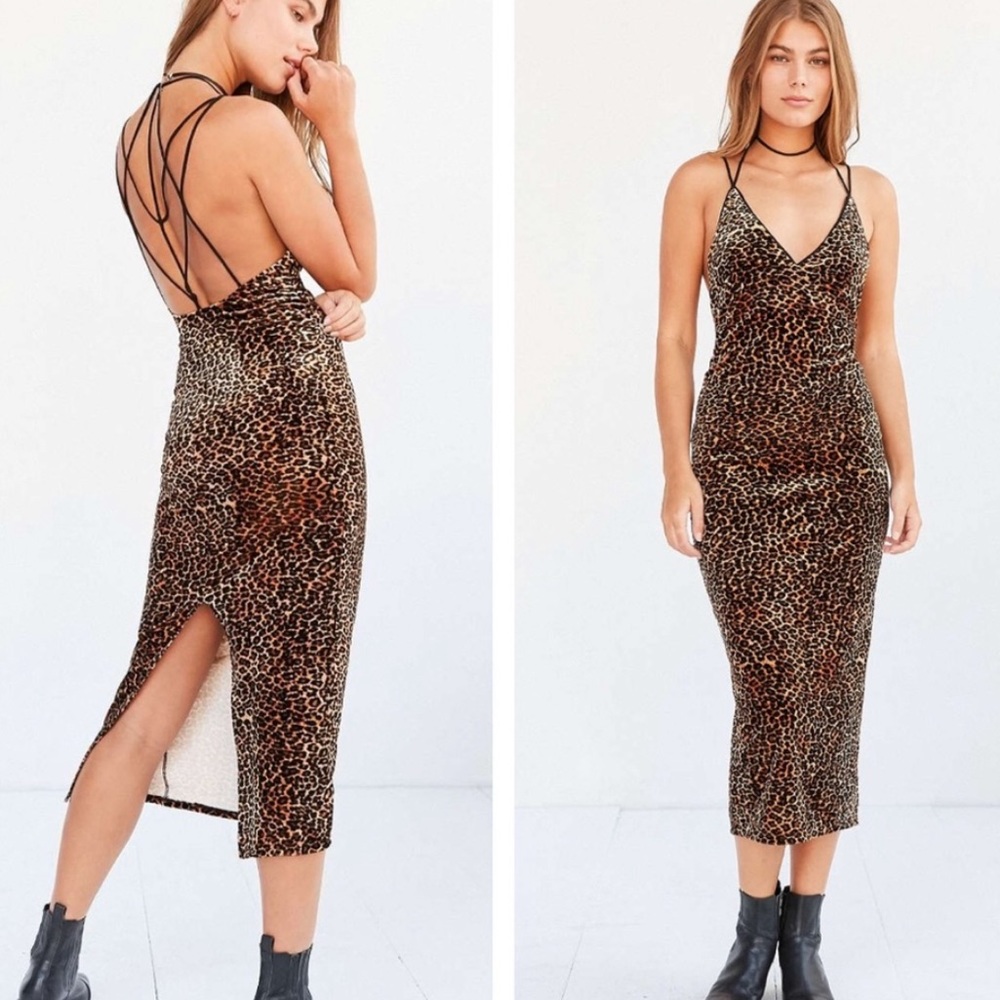Animal Print Velvet Midi Dress with Strappy Back